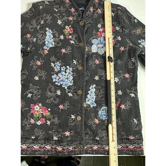 Denim & Co Denim Jacket Charcoal Gray Wash Multicolor Floral Embroidery Medium - Picture 6 of 9